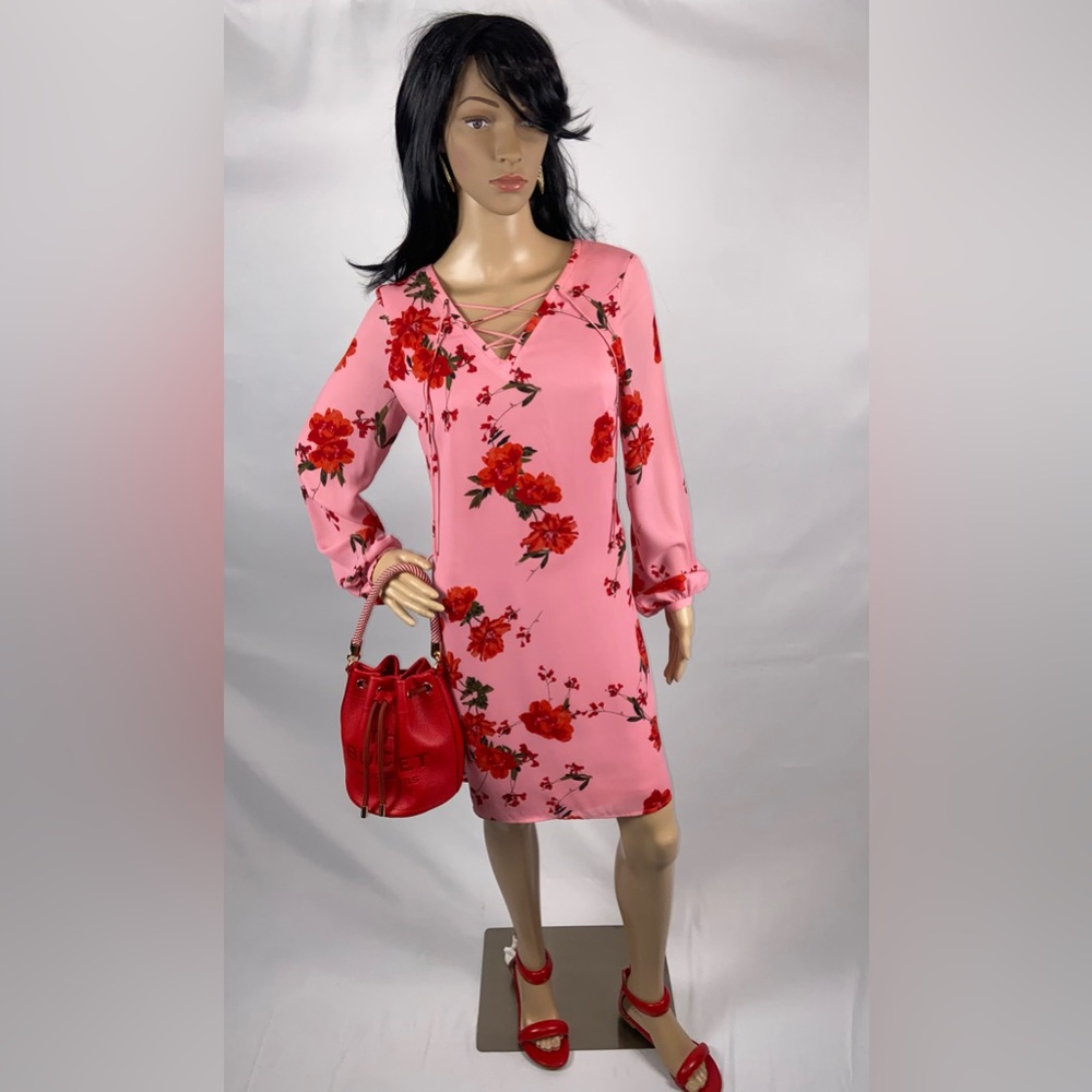 Floral Dress Pink Red Belle Sleeve Longsleeve Medium Worthington. Lined